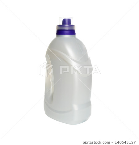 plastic white bottle of household chemicals turned left side and stands in the center of frame plastic white bottle of household chemicals turned left side and stands in the center of frame 140543157
