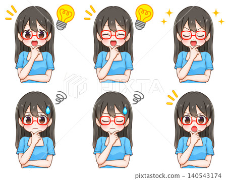 A set of illustrations of a girl who worries, thinks, and solves a problem (3 illustrations). A set of illustrations of a girl who worries, thinks, and solves a problem (3 illustrations). 140543174