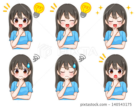 A set of illustrations of a girl who is troubled, thinking, and trying to solve a problem. A set of illustrations of a girl who is troubled, thinking, and trying to solve a problem. 140543175