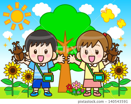 Illustration of a child collecting insects in the mountains during summer vacation (3) 140543591