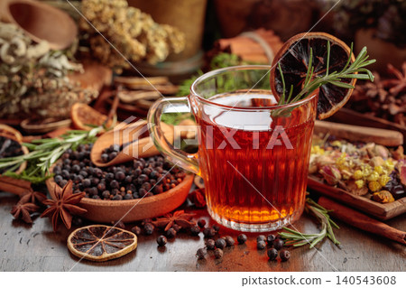 Rustic herbal tea with anise, dried citrus, juniper berries and aromatic spices in a glass mug. Rustic herbal tea with anise, dried citrus, juniper berries and aromatic spices in a glass mug. 140543608