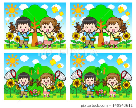 A set of illustrations depicting children collecting insects in the mountains during summer vacation, surrounded by nature. 140543611