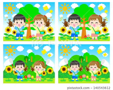 A set of illustrations of children collecting insects in the mountains during summer vacation, along with nature (set of 2). 140543612