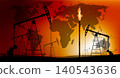 Global oil production and energy distribution with pumpjacks against a world map 140543636