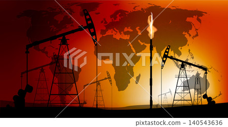 Global oil production and energy distribution with pumpjacks against a world map 140543636