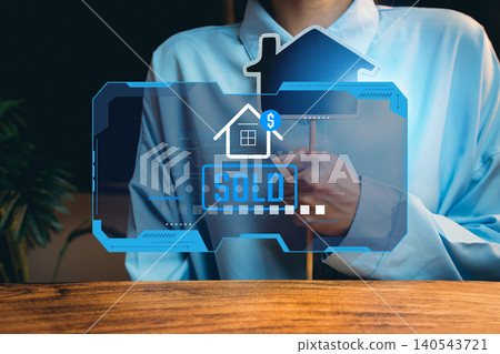 Real Estate Concept with Digital Overlay Illustrating a Sold Property and Negotiation Process for Buyers and Sellers Real Estate Concept with Digital Overlay Illustrating a Sold Property and Negotiation Process for Buyers and Sellers 140543721