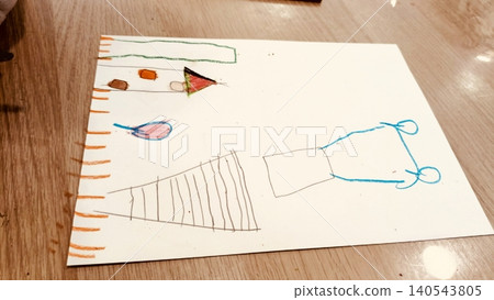 Child's Colorful Drawing on White Paper on Wooden Table Kids Artwork Child's Colorful Drawing on White Paper on Wooden Table Kids Artwork 140543805