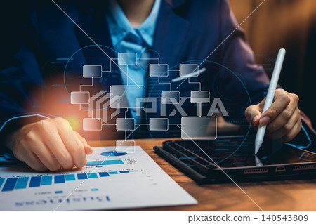 Business Professional Working on Digital Chart and Presentation with Data Analysis and Strategy Planning Concepts Business Professional Working on Digital Chart and Presentation with Data Analysis and Strategy Planning Concepts 140543809