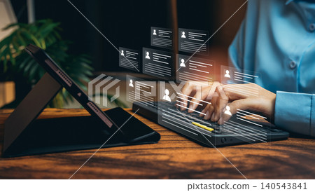 Customer data concept. Hands typing on keyboard with virtual profile cards, CRM system, user database management, digital identity, information security, business analytics, smart organization. 140543841