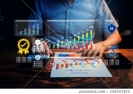 Business analytics dashboard with yearly charts, performance evaluation, data visualization, financial progress review, strategic planning insight, corporate analysis workflow, analytics concept 140543923