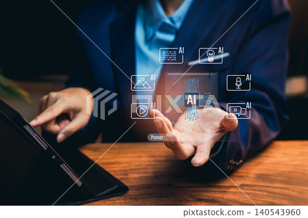 Artificial intelligence technology concept. Businessman using tablet with AI icons for automation, data analysis, innovation, and digital transformation in modern business Artificial intelligence technology concept. Businessman using tablet with AI icons for automation, data analysis, innovation, and digital transformation in modern business 140543960