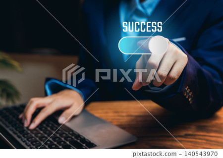 Hand switching virtual success button, motivation boost, personal productivity improvement, goal achievement insight, performance development, business progress planning, success concept 140543970