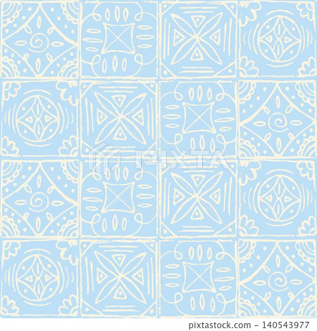 Delicate light blue and white Amalfi style tile seamless pattern. Retro square abstract background. Coastal stylized Italian majolica. Mediterranean aesthetic euro summer chill out amalficore cover 140543977