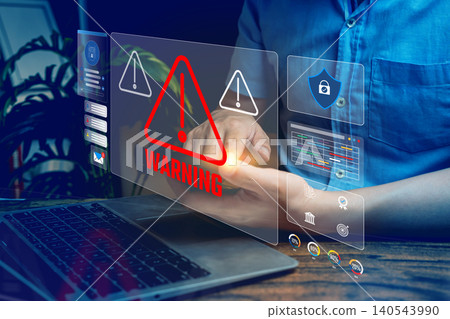 cybersecurity warning, user interacting with digital alert interface on laptop, data protection and system risk concept cybersecurity warning, user interacting with digital alert interface on laptop, data protection and system risk concept 140543990