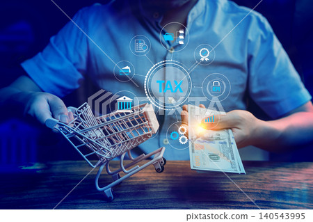 taxation, shopping cart with cash and tax interface icons, consumer tax and financial transaction concept 140543995