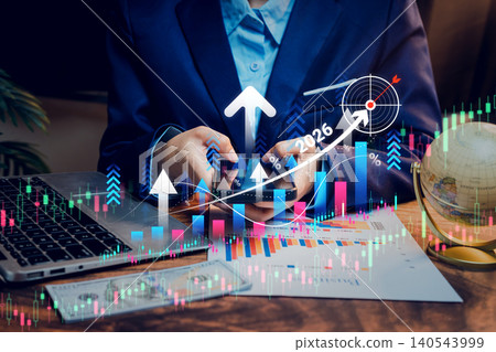 business growth, businessman using smartphone with rising chart arrows and 2026 target, financial expansion strategy and performance improvement concept 140543999