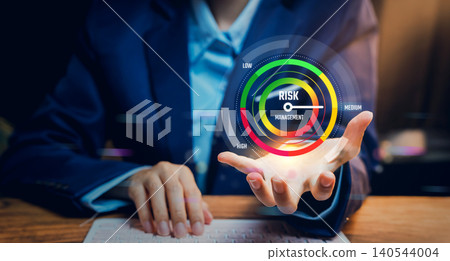 risk management, digital dashboard with checklist tasks and risk level indicator, compliance monitoring workflow control and business process optimization 140544004