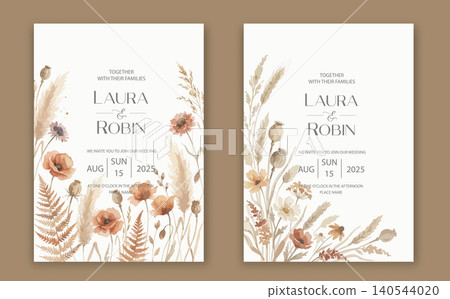 Elegant wedding invitation card template design with abstract watercolor flowers and leaves vector 140544020