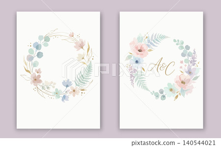 Elegant wedding invitation card template design with abstract watercolor flowers and leaves vector 140544021