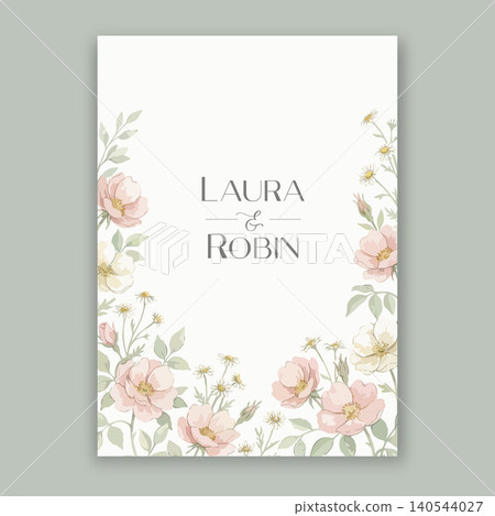 Elegant wedding invitation card template design with abstract watercolor flowers and leaves vector 140544027