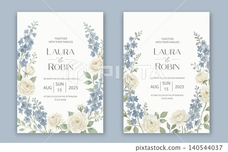 Elegant wedding invitation card template design with abstract watercolor flowers and leaves vector 140544037