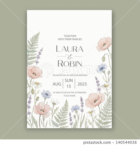 Elegant wedding invitation card template design with abstract watercolor flowers and leaves vector 140544038