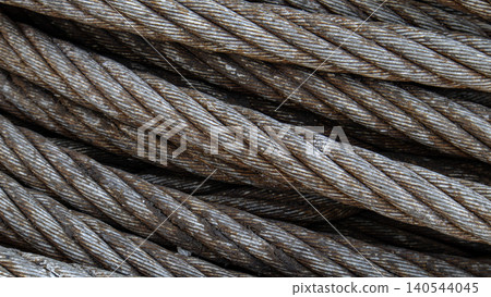 Steel wire ropes are tightly wound together in a close-up view. The surface shows visible rust and grease, indicating use in an industrial setting. 140544045