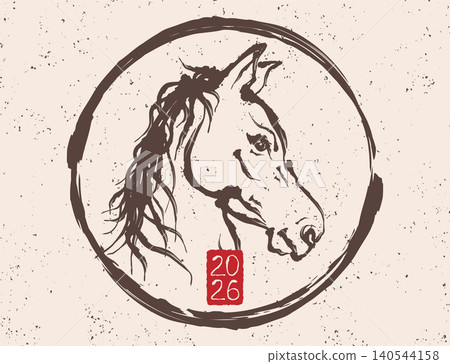 Vector vintage illustration of horse head in Asian sumi-e style for Chinese new year 2026. Vector horse head like symbol 2026 year in lunar calendar. 140544158