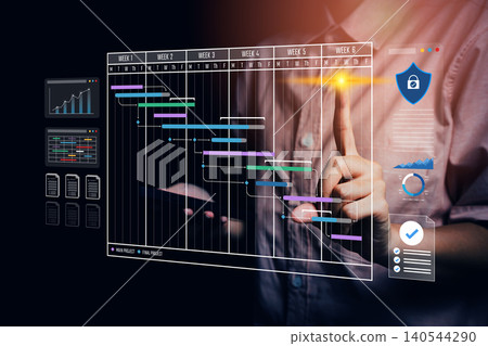 Person managing digital gantt chart on virtual screen, project timeline, workflow tracking, deadline control, resource allocation, business planning, time management concept Person managing digital gantt chart on virtual screen, project timeline, workflow tracking, deadline control, resource allocation, business planning, time management concept 140544290