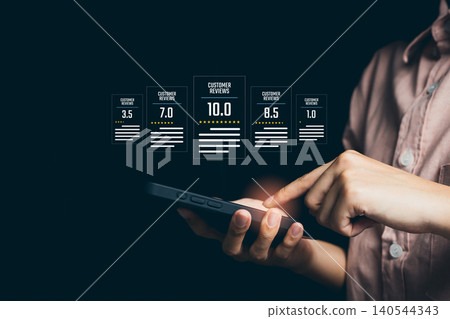 Hand selecting customer review rating, feedback evaluation awareness decision trust quality perception insight improvement experience, customer rating concept Hand selecting customer review rating, feedback evaluation awareness decision trust quality perception insight improvement experience, customer rating concept 140544343