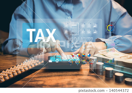 Tax calculation concept. Businessperson using calculator with digital tax dashboard and financial data, accounting accuracy, compliance process, budget analysis, financial responsibility. Tax calculation concept. Businessperson using calculator with digital tax dashboard and financial data, accounting accuracy, compliance process, budget analysis, financial responsibility. 140544372