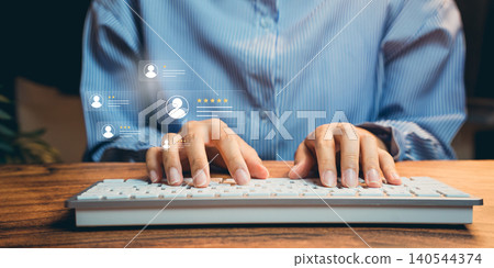 Online reputation concept. Hands typing keyboard with digital user rating icons, customer feedback system, review management, trust building, service quality and credibility. Online reputation concept. Hands typing keyboard with digital user rating icons, customer feedback system, review management, trust building, service quality and credibility. 140544374