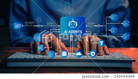 AI agents automation, person typing on keyboard with connected artificial intelligence system icons, smart workflow integration and digital transformation AI agents automation, person typing on keyboard with connected artificial intelligence system icons, smart workflow integration and digital transformation 140544484