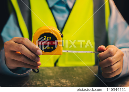 Engineer concept. Yellow Measuring Tape Held in Hand with Focus on Measurement Marking and Safety Vest in Background Engineer concept. Yellow Measuring Tape Held in Hand with Focus on Measurement Marking and Safety Vest in Background 140544531