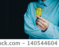 Idea concept. Bright Yellow Light Bulb Held by Person in Blue Shirt on Dark Background for Innovative Ideas Concept 140544604