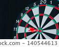 Business Target concept. Focused Dart Hitting Bullseye on Traditional Dartboard with Numbers and Segments in Dark Background 140544613