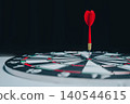 Business Target concept. Red Dart Sticking in the Bullseye of a Dartboard Against a Dark Background 140544615