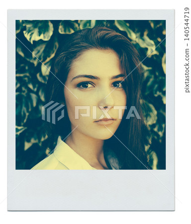 Portrait, serious and woman in nature outdoor for vacation, holiday and summer. Face, confidence and young girl in garden or park with green leaves for instant photograph on mockup space in Spain Portrait, serious and woman in nature outdoor for vacation, holiday and summer. Face, confidence and young girl in garden or park with green leaves for instant photograph on mockup space in Spain 140544719