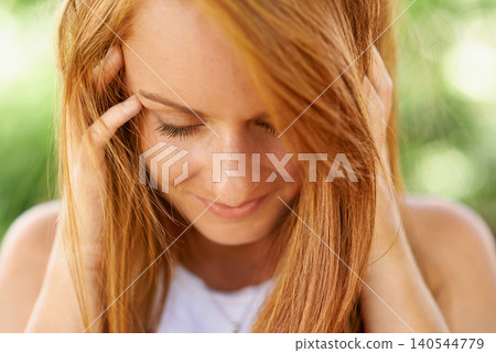Beauty, hair and redhead woman outdoor in nature for travel, vacation or holiday in summer. Hairstyle, shy and young person at park in the countryside or garden with natural skin on happy face Beauty, hair and redhead woman outdoor in nature for travel, vacation or holiday in summer. Hairstyle, shy and young person at park in the countryside or garden with natural skin on happy face 140544779