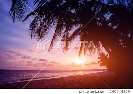 Beautiful tropical beach with palm trees. Sunrises and sunsets. Ocean Beautiful tropical beach with palm trees. Sunrises and sunsets. Ocean 140544809
