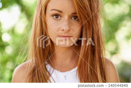 Girl, teenager and portrait in outdoor or garden for comfort, clean and hygiene for natural skin, hair and face. Young person and teen with ginger and freckles for clear and healthy for wellness Girl, teenager and portrait in outdoor or garden for comfort, clean and hygiene for natural skin, hair and face. Young person and teen with ginger and freckles for clear and healthy for wellness 140544840