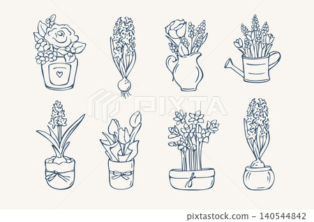Hand drawn spring flowers and botanical potted plants doodle set Hand drawn spring flowers and botanical potted plants doodle set 140544842