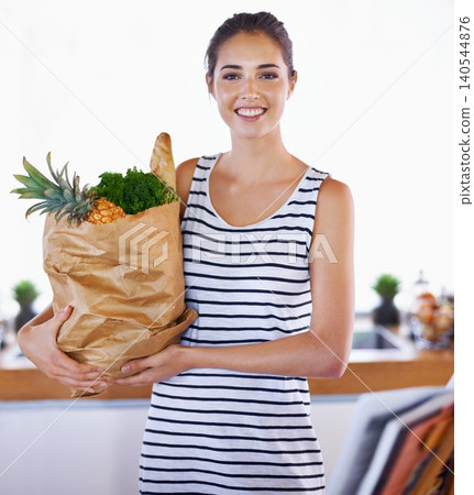 Home, happy or portrait of woman with groceries on promotion, sale or discounts deal on nutrition. Smile, delivery offer or female person buying healthy food for cooking organic fruits or diet choice Home, happy or portrait of woman with groceries on promotion, sale or discounts deal on nutrition. Smile, delivery offer or female person buying healthy food for cooking organic fruits or diet choice 140544876