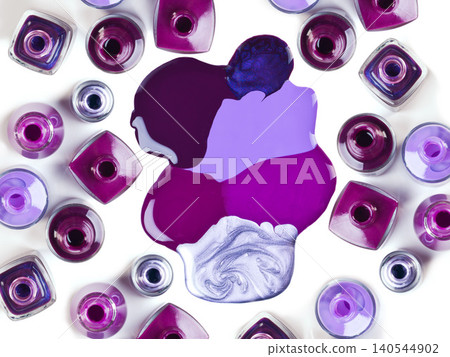 Nail, polish or bottle to spill in luxury, cosmetology or beauty aesthetic as manicure and pedicure. Creative art, varnish or color paint pattern as liquid drip effect in studio on white background Nail, polish or bottle to spill in luxury, cosmetology or beauty aesthetic as manicure and pedicure. Creative art, varnish or color paint pattern as liquid drip effect in studio on white background 140544902