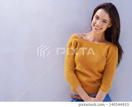 Portrait, fashion and smile of woman, model or girl in an outfit isolated on a white wall background mockup space. Face, trendy and happy female person in casual clothes or stylish sweater in Italy Portrait, fashion and smile of woman, model or girl in an outfit isolated on a white wall background mockup space. Face, trendy and happy female person in casual clothes or stylish sweater in Italy 140544933