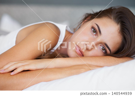 Morning, calm and portrait of woman in bed with wellness, confidence and cozy in apartment. Face, home and girl in bedroom with peace, relax and wake up for healthy sleep, comfort and natural rest. Morning, calm and portrait of woman in bed with wellness, confidence and cozy in apartment. Face, home and girl in bedroom with peace, relax and wake up for healthy sleep, comfort and natural rest. 140544939