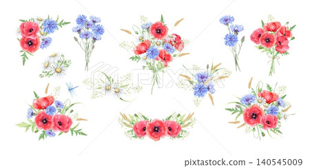 Wildflower bouquets with red poppies, blue cornflowers and chamomiles watercolor isolated illustration set. Hand drawn meadow flowers clipart for summer designs. Botanical detailed drawing. 140545009
