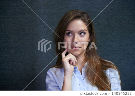 Businesswoman, thinking and idea for work for brainstorming on a dark background in her finance agency. Acounting, female person and happy vision for stock market, trading and professional profit Businesswoman, thinking and idea for work for brainstorming on a dark background in her finance agency. Acounting, female person and happy vision for stock market, trading and professional profit 140545232