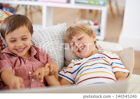 Laptop, kids and happy siblings on sofa for cartoon, film or streaming funny movie at home. Computer, learning or boy children in house for google it, search or video comic, show or netflix and chill Laptop, kids and happy siblings on sofa for cartoon, film or streaming funny movie at home. Computer, learning or boy children in house for google it, search or video comic, show or netflix and chill 140545240