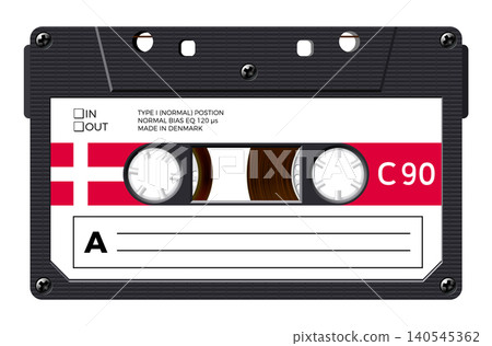 Cassette with retro label as Denmark flag, vintage object for 80s revival mix tape design Cassette with retro label as Denmark flag, vintage object for 80s revival mix tape design 140545362